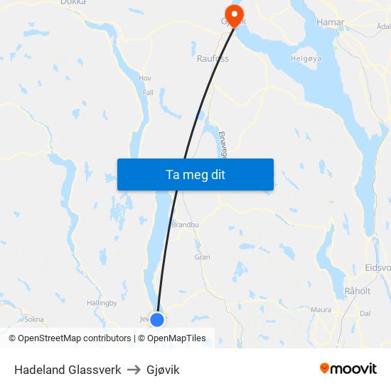 Hadeland Glassverk to Gjøvik map