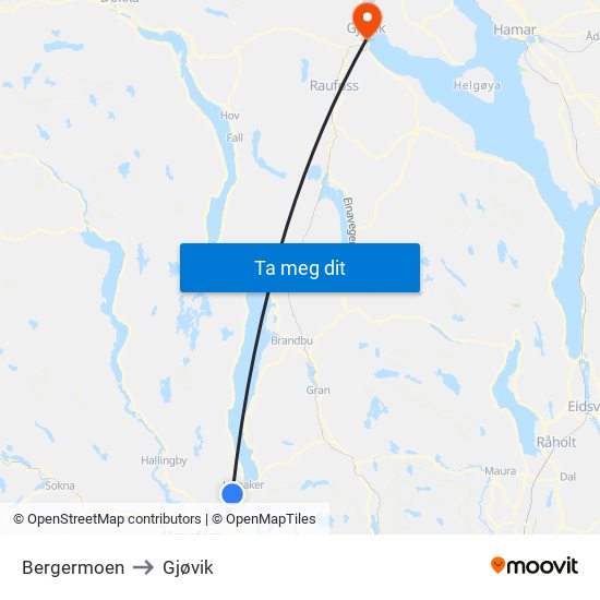 Bergermoen to Gjøvik map