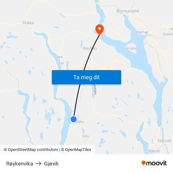 Røykenvika to Gjøvik map