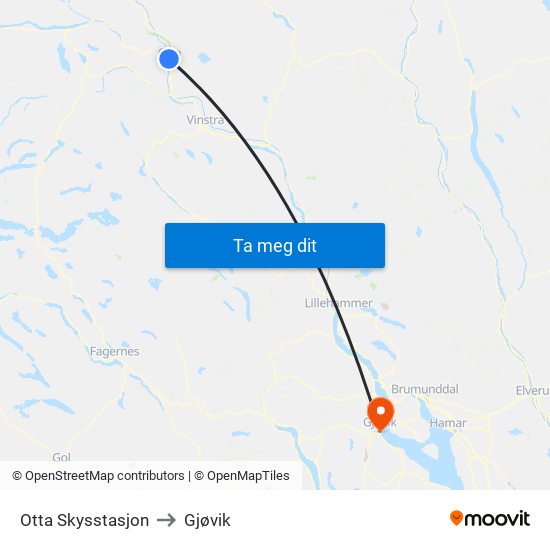 Otta Skysstasjon to Gjøvik map