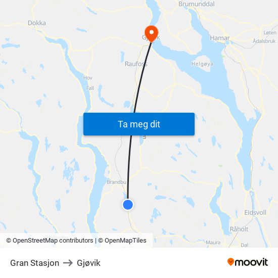 Gran Stasjon to Gjøvik map