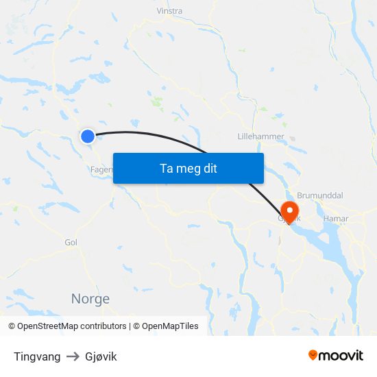 Tingvang to Gjøvik map