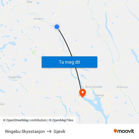 Ringebu Skysstasjon to Gjøvik map