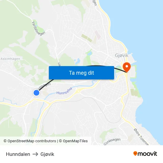 Hunndalen to Gjøvik map