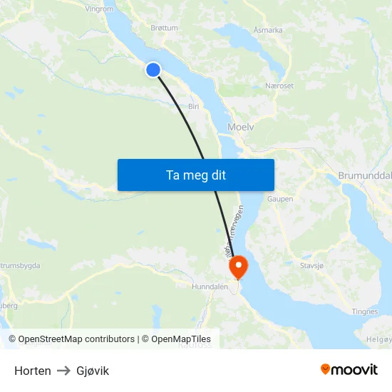 Horten to Gjøvik map