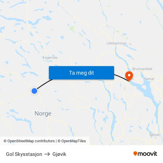 Gol Skysstasjon to Gjøvik map