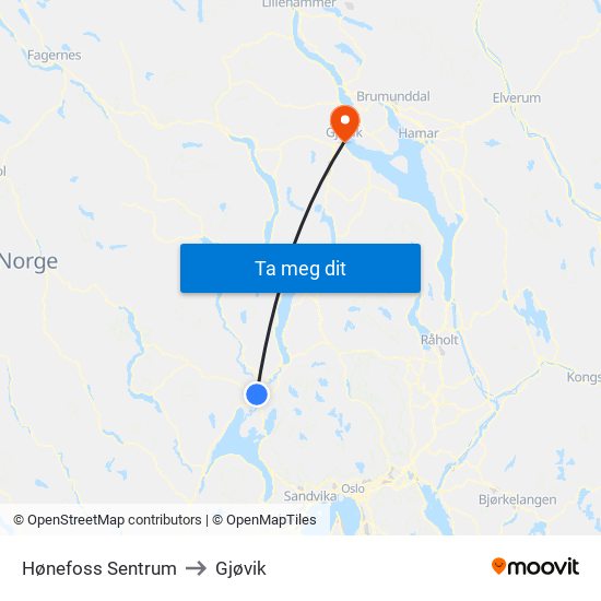 Hønefoss Sentrum to Gjøvik map