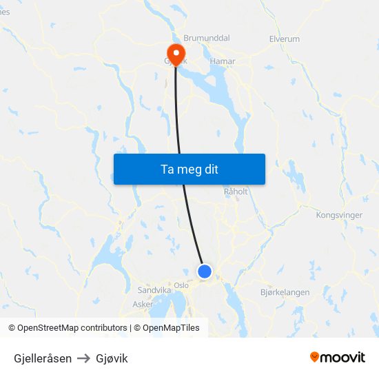 Gjelleråsen to Gjøvik map