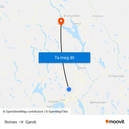 Rotnes to Gjøvik map