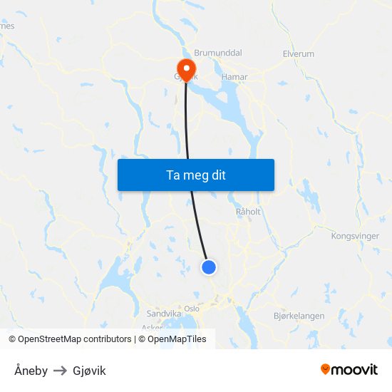 Åneby to Gjøvik map