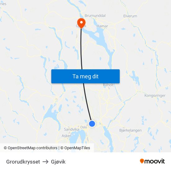Grorudkrysset to Gjøvik map