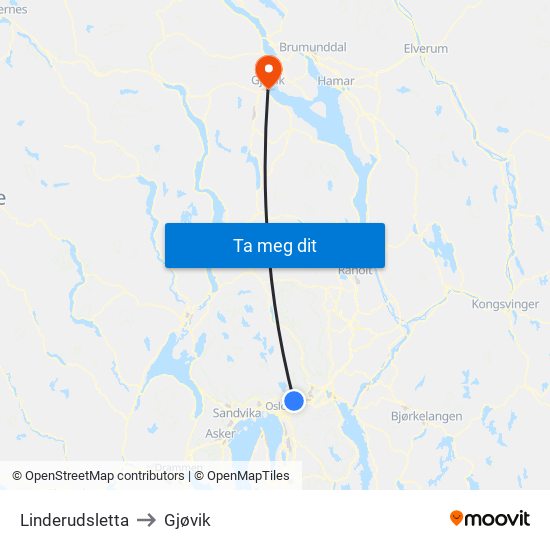 Linderudsletta to Gjøvik map