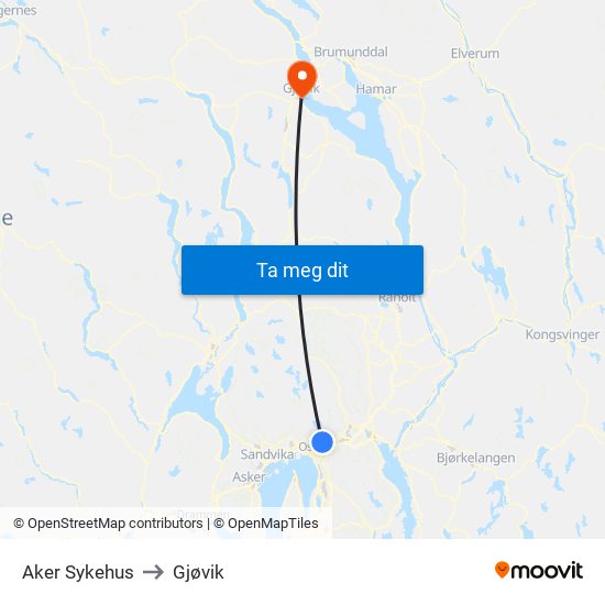 Aker Sykehus to Gjøvik map