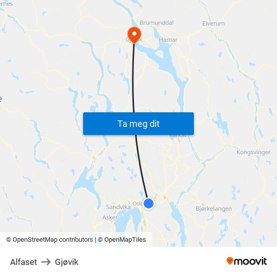 Alfaset to Gjøvik map