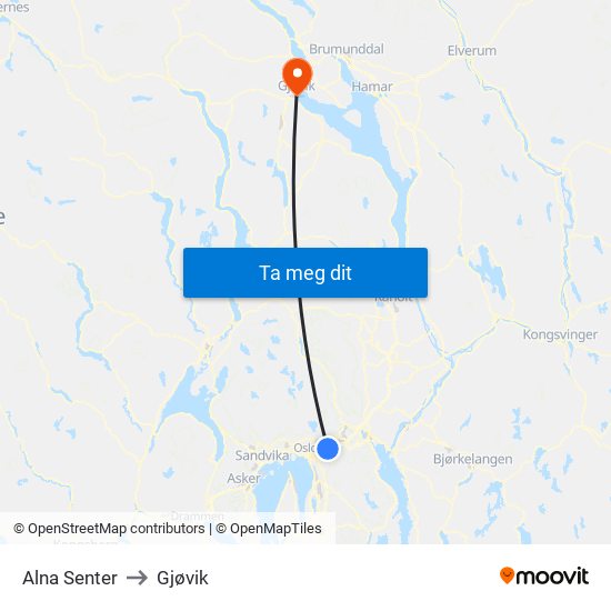 Alna Senter to Gjøvik map