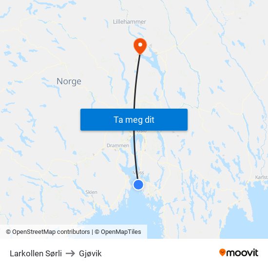 Larkollen Sørli to Gjøvik map