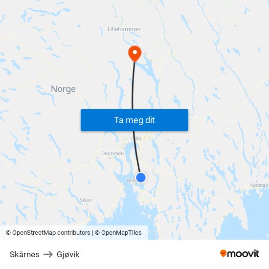 Skårnes to Gjøvik map