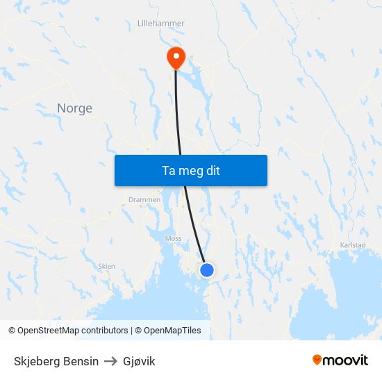 Skjeberg Bensin to Gjøvik map