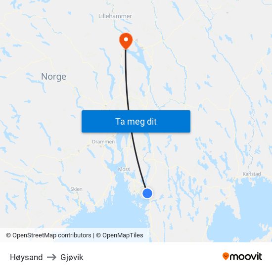 Høysand to Gjøvik map