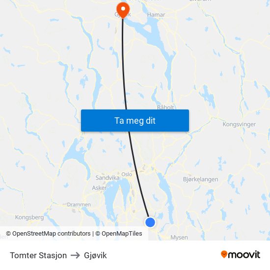 Tomter Stasjon to Gjøvik map