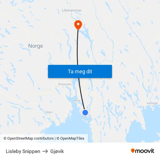 Lisleby Snippen to Gjøvik map