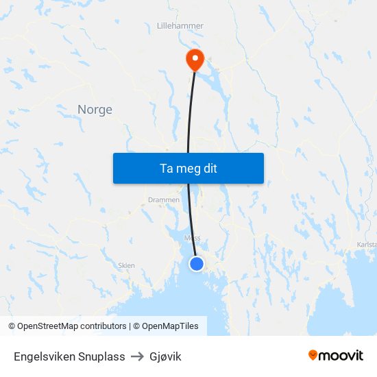 Engelsviken Snuplass to Gjøvik map