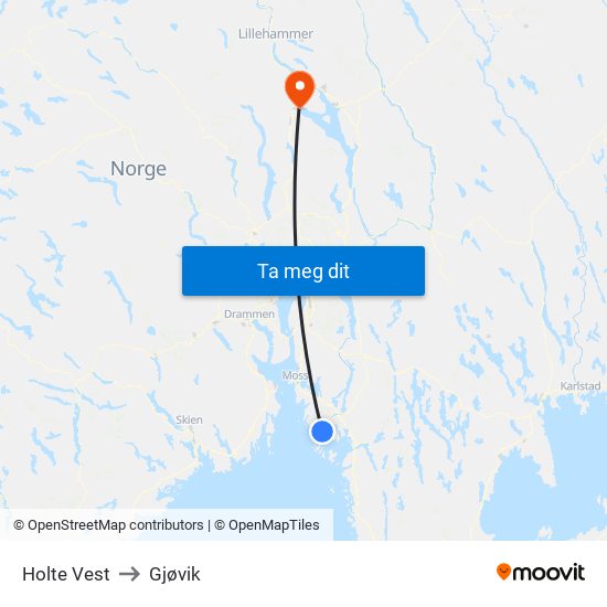 Holte Vest to Gjøvik map