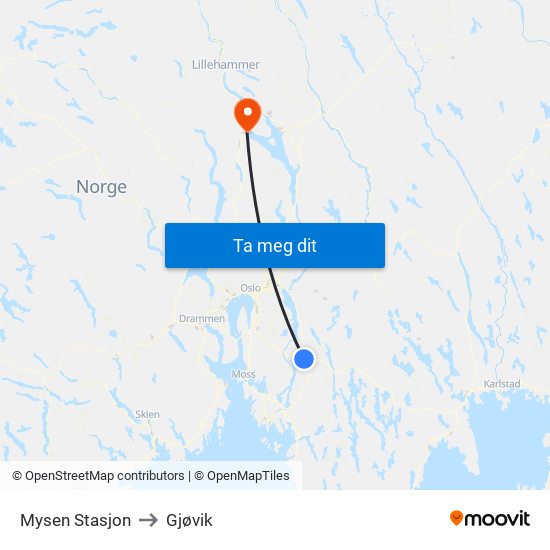 Mysen Stasjon to Gjøvik map