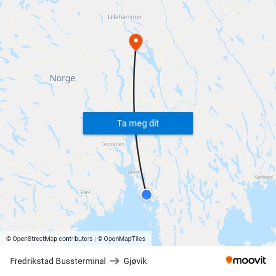 Fredrikstad Bussterminal to Gjøvik map