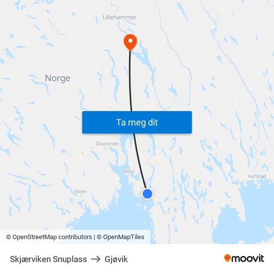 Skjærviken Snuplass to Gjøvik map