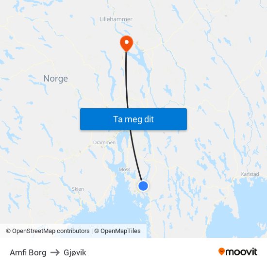 Amfi Borg to Gjøvik map