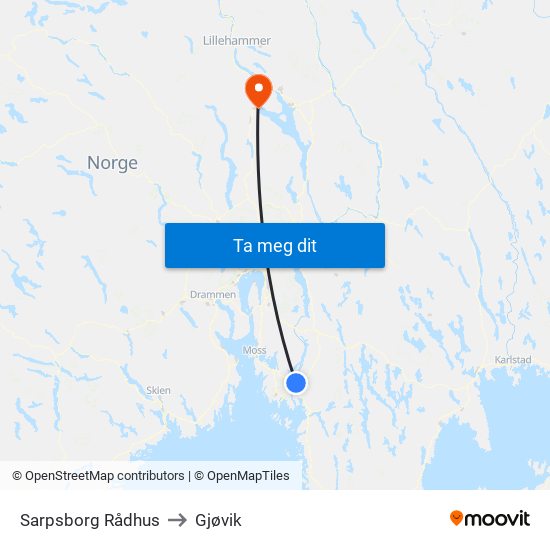 Sarpsborg Rådhus to Gjøvik map