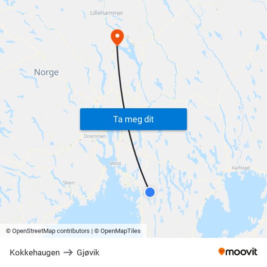 Kokkehaugen to Gjøvik map