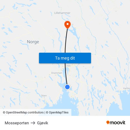 Mosseporten to Gjøvik map
