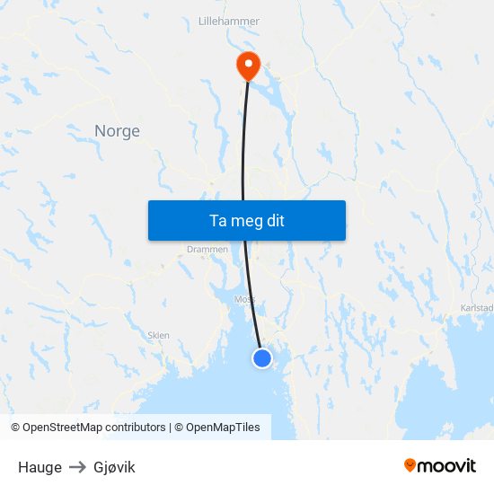 Hauge to Gjøvik map