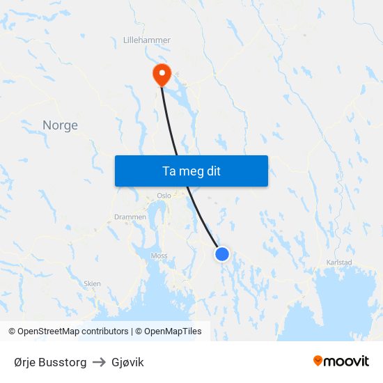 Ørje Busstorg to Gjøvik map