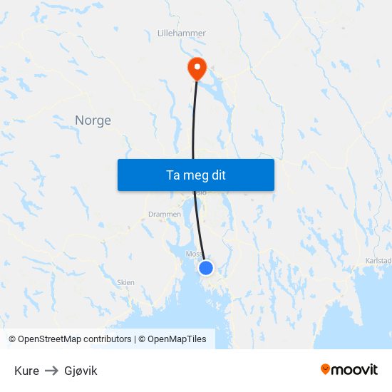 Kure to Gjøvik map