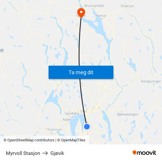 Myrvoll Stasjon to Gjøvik map