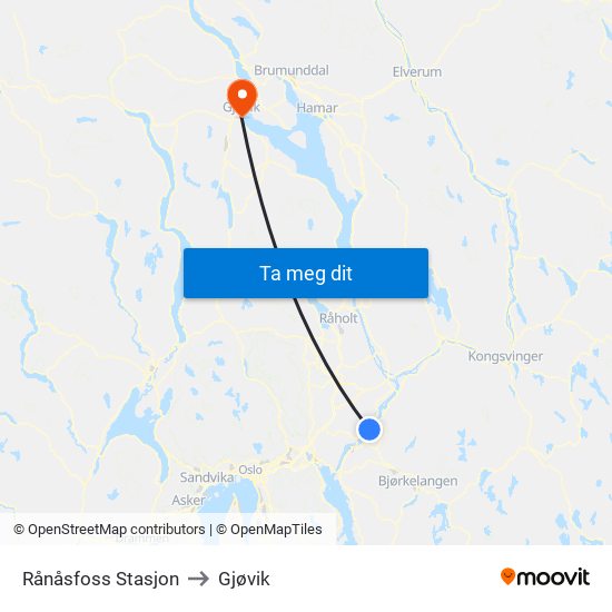 Rånåsfoss Stasjon to Gjøvik map