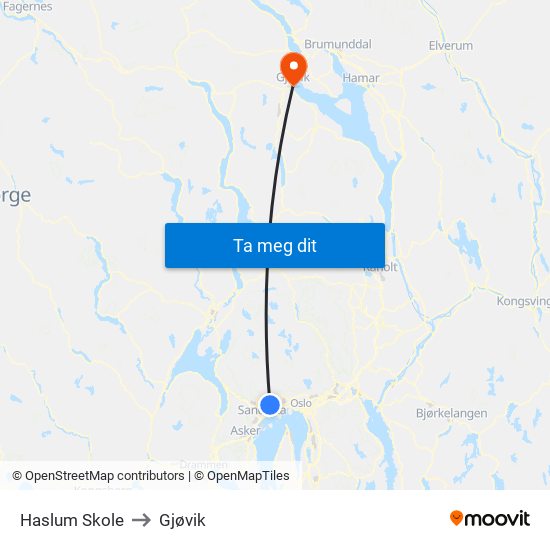 Haslum Skole to Gjøvik map