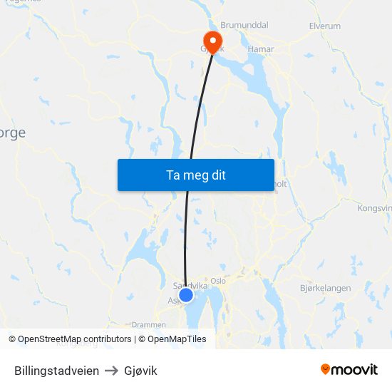 Billingstadveien to Gjøvik map