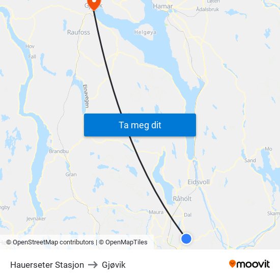 Hauerseter Stasjon to Gjøvik map