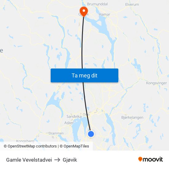 Gamle Vevelstadvei to Gjøvik map