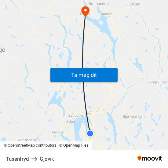 Tusenfryd to Gjøvik map