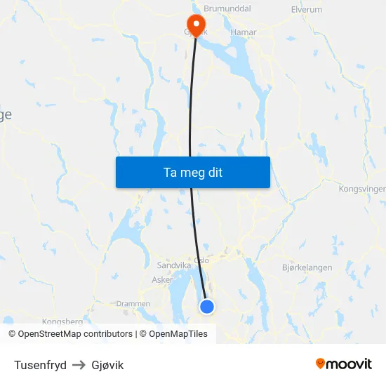 Tusenfryd to Gjøvik map