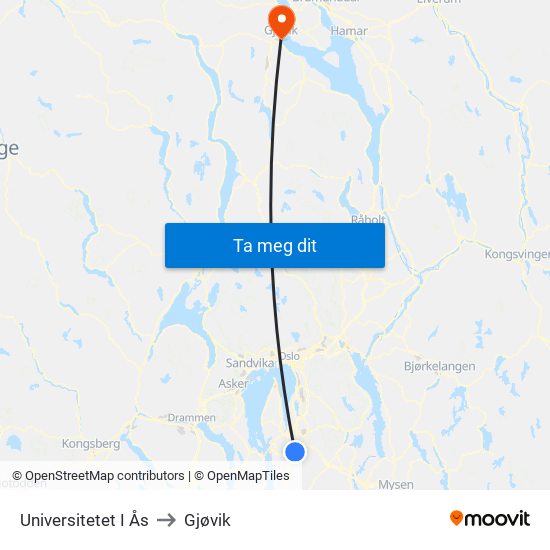 Universitetet I Ås to Gjøvik map