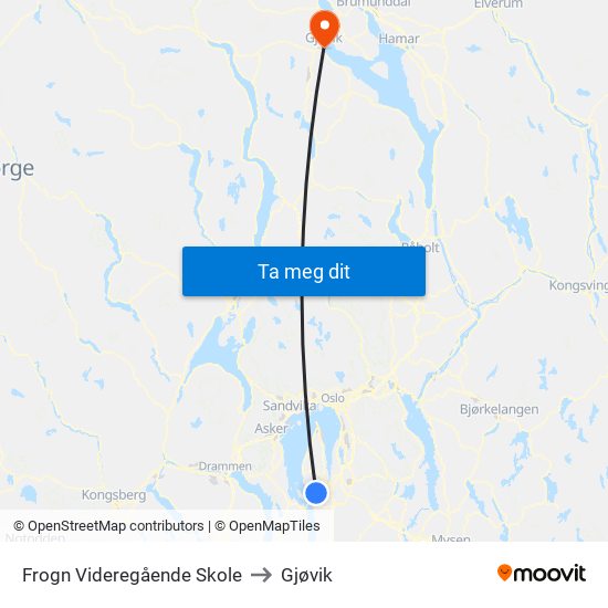 Frogn Videregående Skole to Gjøvik map