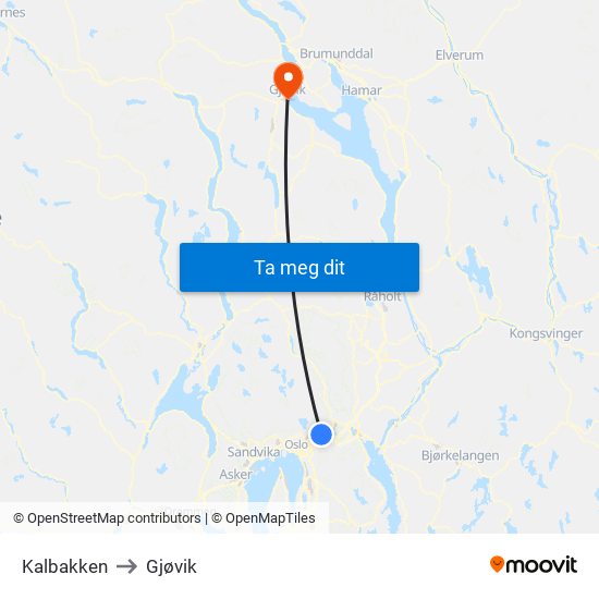 Kalbakken to Gjøvik map