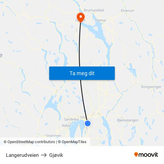 Langerudveien to Gjøvik map
