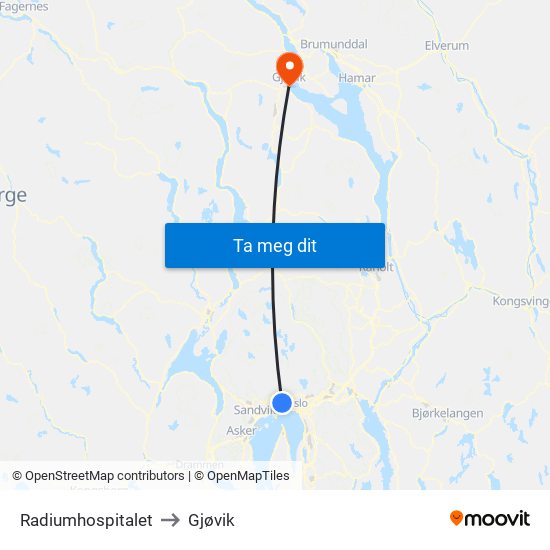 Radiumhospitalet to Gjøvik map